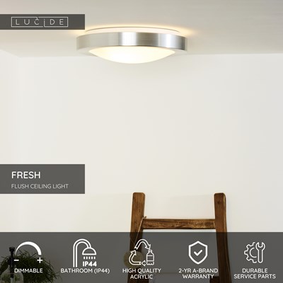 Lucide FRESH - Flush ceiling light Bathroom - Ø 35 cm - 2xE27 - IP44 - Satin Chrome